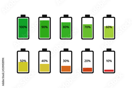 Battery indicator with percentage color illustration vector isolated on white background. Battery percentage set.Battery icon set.