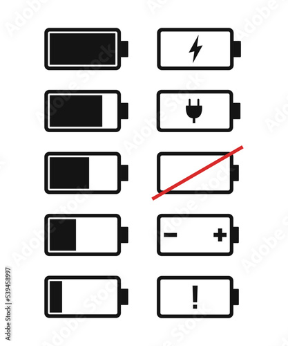 Battery symbol set illustration vector black color isolated on white background. Battery icons. Battery indicator set.
