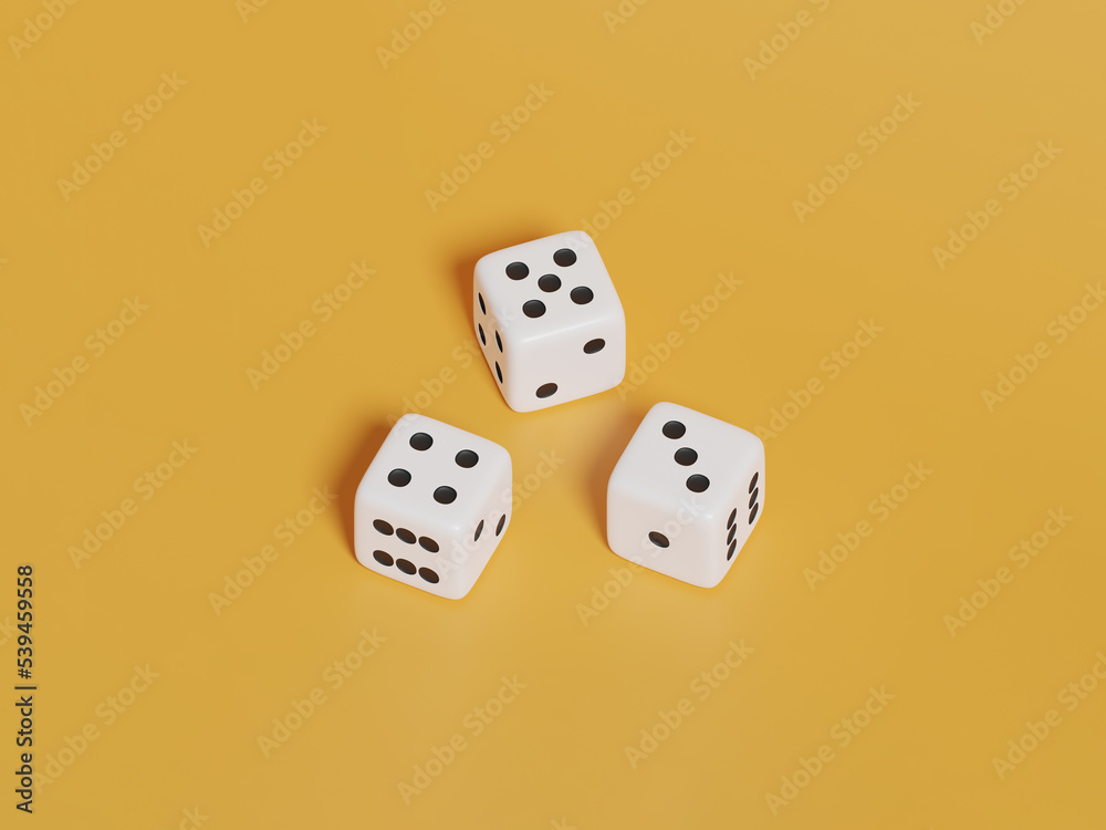 Dice on yellow background. Casino, betting, gambling addiction, concept of luck and random, orthographic lens 3d render Dice on yellow background. Casino, betting, gambling addiction, concept of luck and random, orthographic lens 3d render
