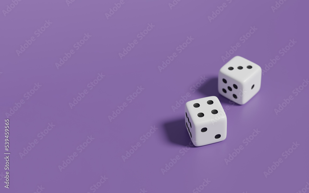 A pair of dice on purple background. Casino, betting, gambling addiction, concept of luck and random, 3d render A pair of dice on purple background. Casino, betting, gambling addiction, concept of luck and random, 3d render