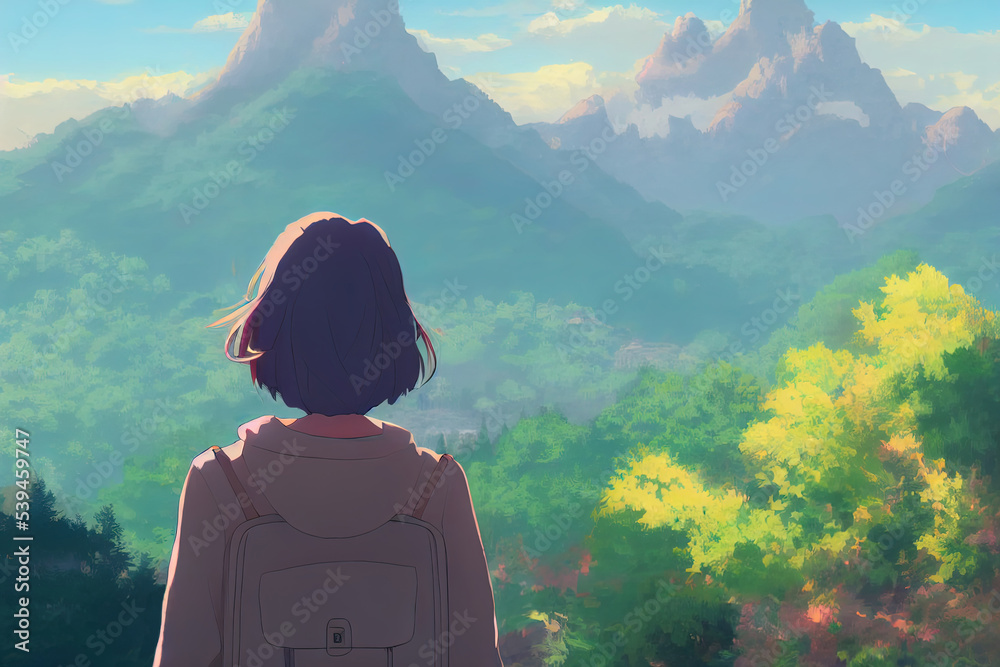 Premium Photo | Anime cartoon landscape and beautiful view of the landscape  a boy traveler travels alone waiting for the train and looking at the  horizon In the anime style