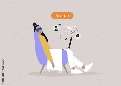 A young female Asian character taking a nap during the working day, missed calls and messages, a huge snooze button hovering above