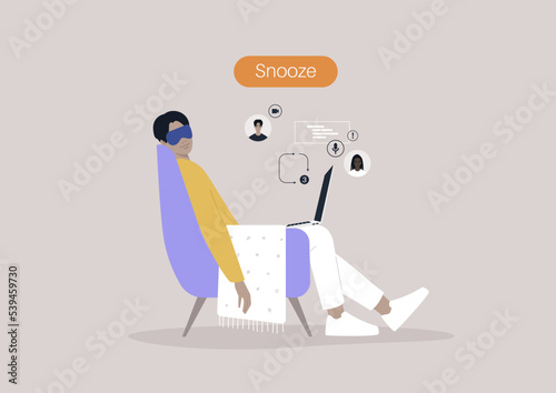 A young male Asian character taking a nap during the working day, missed calls and messages, a huge snooze button hovering above