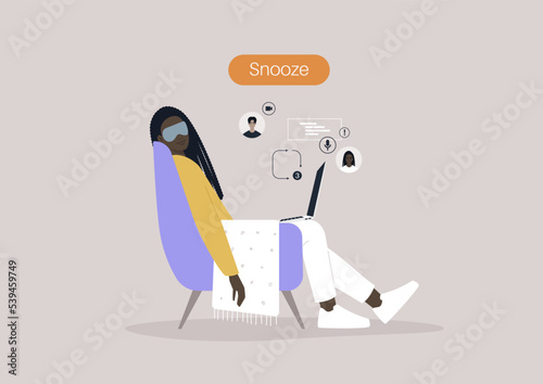 A young female African character taking a nap during the working day, missed calls and messages, a huge snooze button hovering above