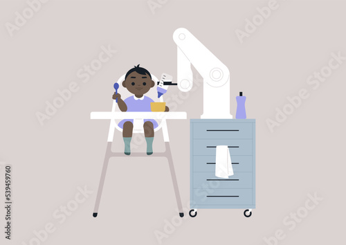 A robotic arm holding a baby bottle with milk, breastfeeding replacement, new technologies, A toddler sitting in a kitchen highchair, a modern lunchtime concept