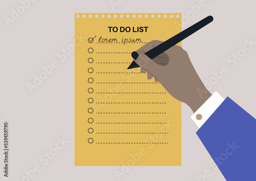 Hand filling out a to-do list with check boxes and lines