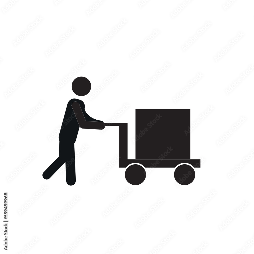 a man carries a box on a cart, a loader's badge, a silhouette figure of a man, a pictogram, luggage transportation a man carries a box on a cart, a loader's badge, a silhouette figure of a man, a pictogram, luggage transportation