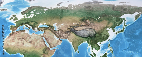 Physical map of Eurasia, Europe and Asia. Flattened satellite view of Planet Earth. 3D illustration - Elements of this image furnished by NASA photo