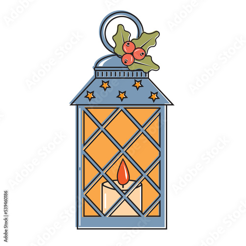 Interior landscape Christmas lantern with candle, color vector illustration in cartoon style.