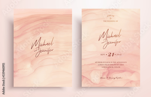 Wedding card with fluid art texture. Pastel background with abstract waves effect. Liquid alcohol ink picture with flows and lines. Ink paints for wedding decor, invitations, design templates