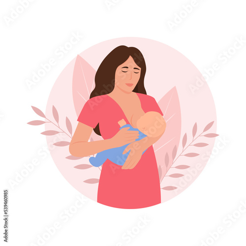 Breastfeeding mother.Woman feeding a baby with breast with nature and leaves background. Lactation concept. World Breastfeeding Week. Flat vector illustration
