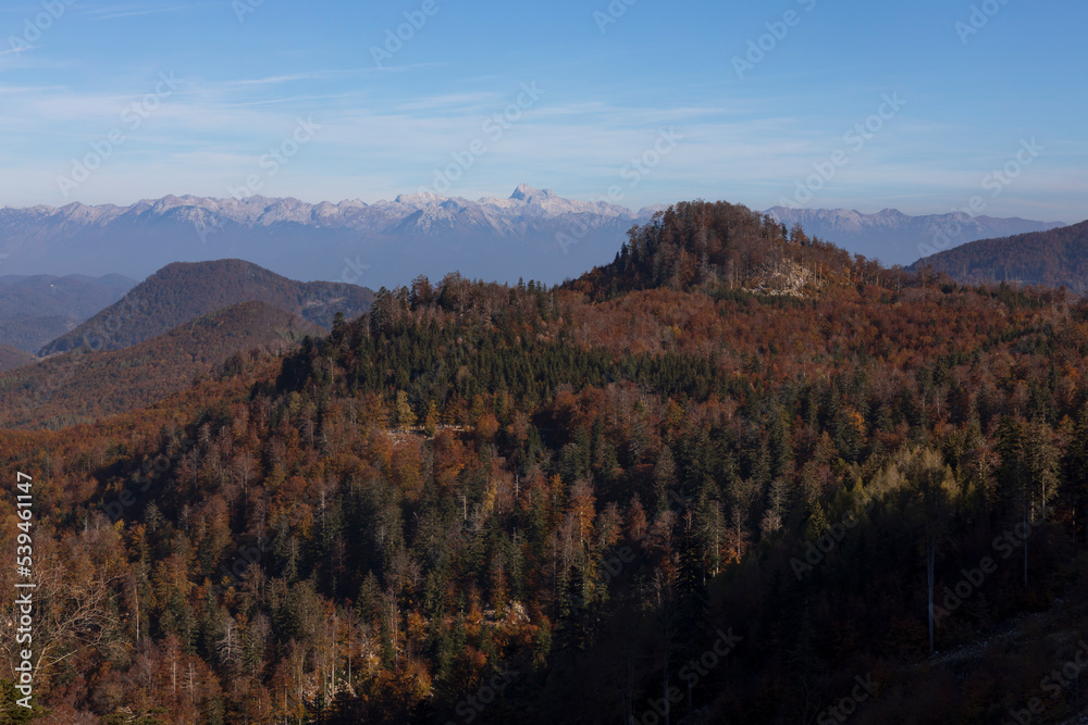 View of Slovene Pre Alpine World in Autumn with Mount Triglav in the Background