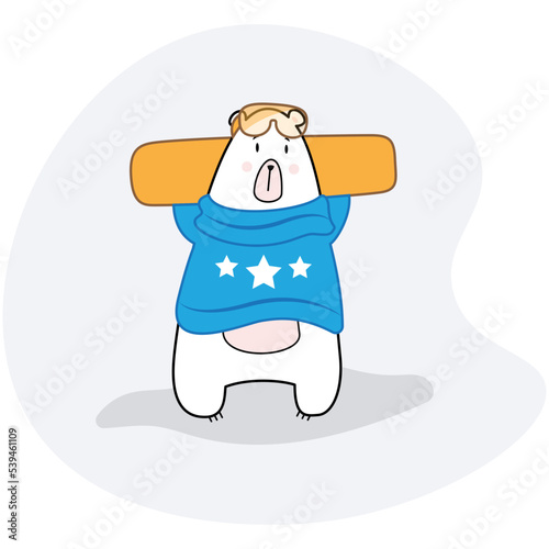 A polar bear stands with a yellow snowboard in its paws and yellow goggles and in a blue sweater and white stars in a cartoon style. Animal logo or banner. Baby winter holidays greeting card.