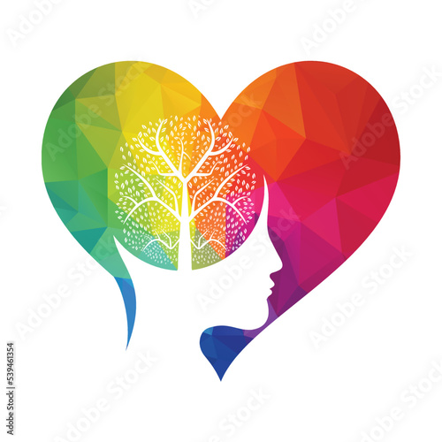 Female head with  brain tree logo concept. Organic brain  tree mind concept design.