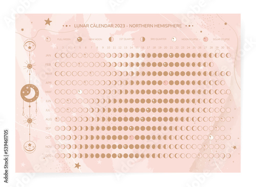 One page moon calendar 2023 year. Modern boho elegant marble pink moon calendar poster template design. Lunar phases schedule and cycles for 2023 year. Vintage aesthetic horizontal design.
