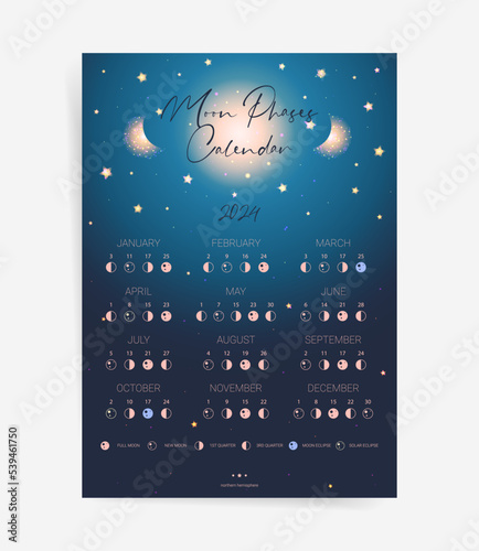 One page moon calendar 2024 year. Modern galaxy moon calendar poster template design. Lunar phases schedule and cycles for 2024 year. Vector illustration background with constellations and stars.	