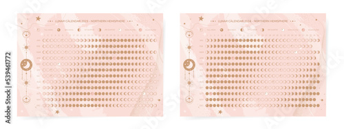 Moon calendars planners for 2023 2024 years. Cute aesthetic abstract design. Lunar agenda horizontal planners template posters for 2023 2024 years. Vector moon planner in modern elegant boho style.	