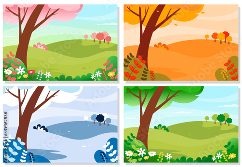 Four seasons, winter, spring, summer, autumn colour nature vector illustration set 