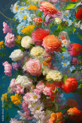 Lushly illustrated wild flower arrangement with diverse colors and flower types. Digital artwork.    © Bookwyrm Bazaar