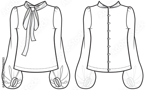 womens bishop sleeve tie neck blouse formal wear bow neck blouse flat sketch vector illustration, front and back view technical drawing template.