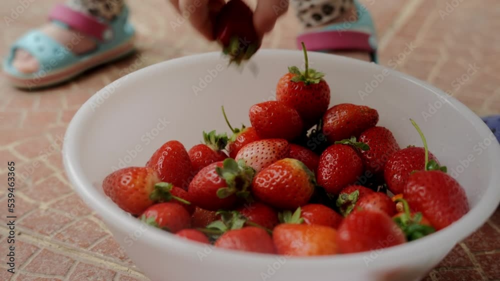 Children's hands take strawberries from a white plate on the street. High quality FullHD footage Children's hands take strawberries from a white plate on the street. High quality FullHD footage