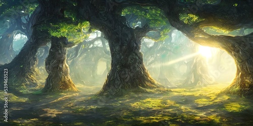 Large tree base, fabulous landscape. Illustration.