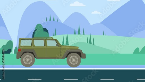 car driving in a mountainous landscape. The car rides among the mountains,3d animation.,car in the mountains
