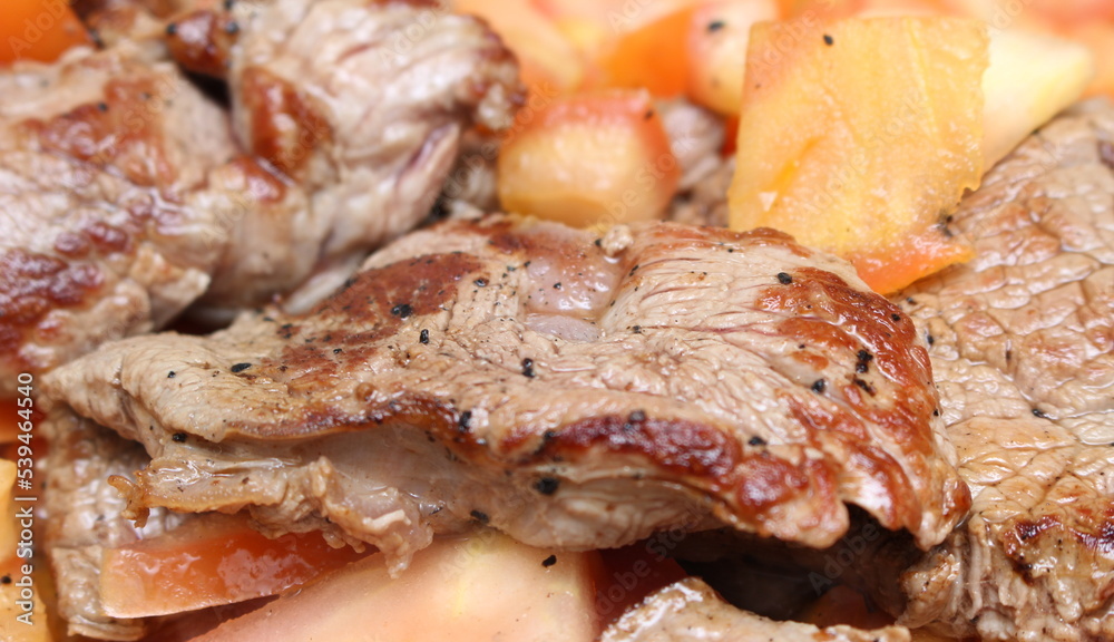 meat with tomato prepared for meal, beef with tomato prepared for lunch, dish made of tomato and meat meat with tomato prepared for meal, beef with tomato prepared for lunch, dish made of tomato and meat