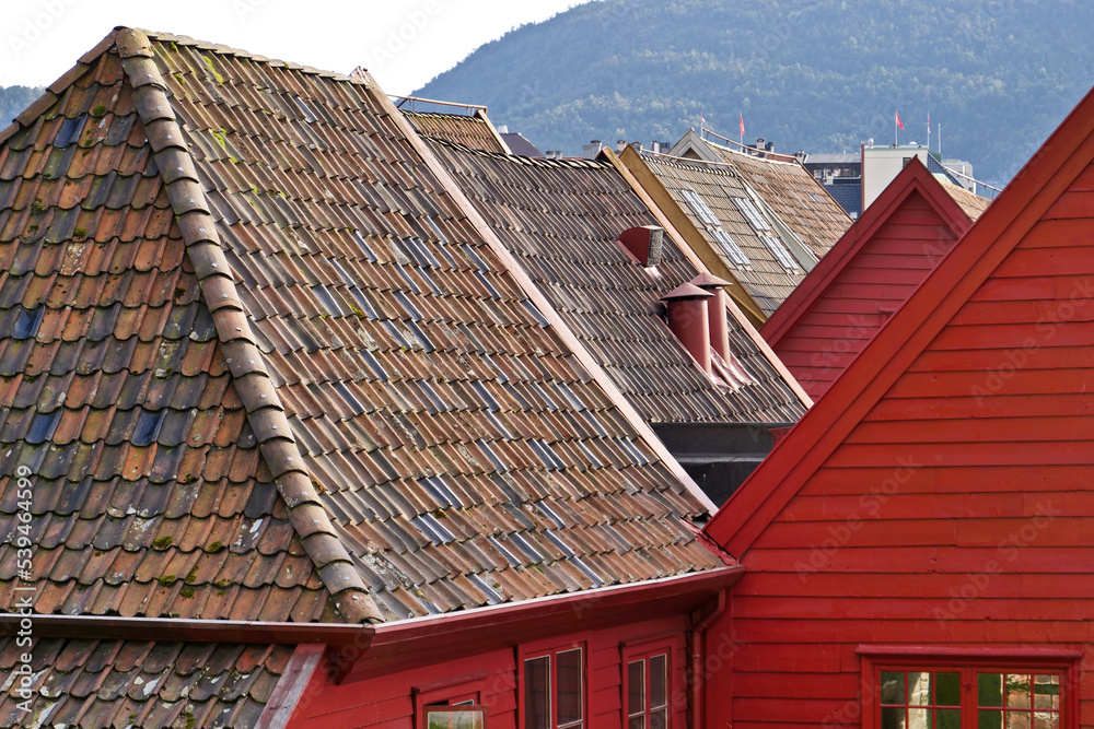 Colorful houses and cityscapes built with vernacular architecture in Bergen, Norway Stock Photo