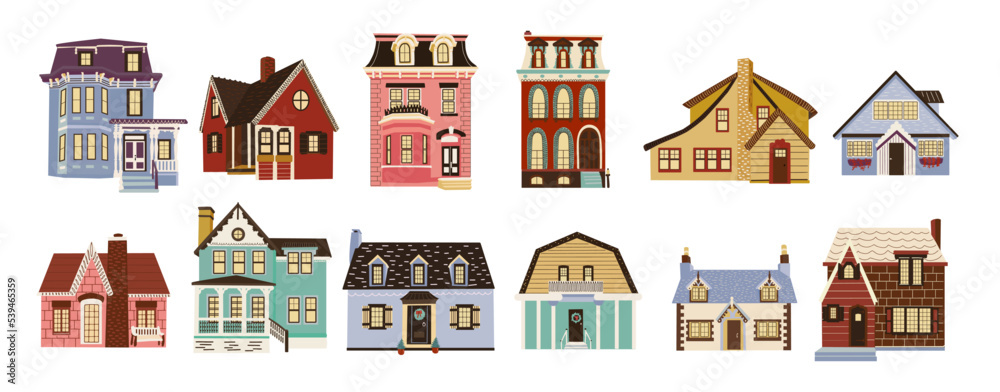 Set of doodle vector retro houses. Collection of hand drawn vintage building
