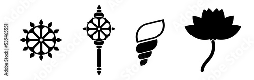 Attributes of Lord Vishnu: Disc , Mace, Shell and lotus