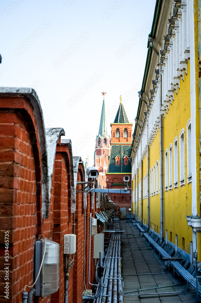 Old Kremlin wall and towers on Red Square in Moscow, Russia