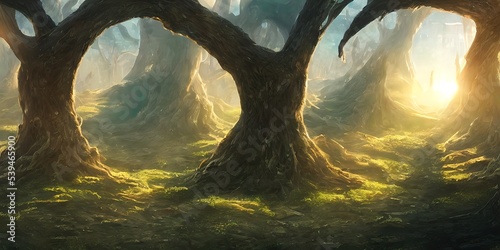 Large tree base, fabulous landscape. Illustration. © Korney