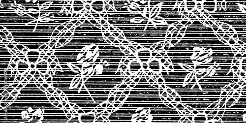 Black and White Decorative retro effect illustration, fabric style pattern - vintage graphic illustration in damaged engraving style with dark spots, nets, lines and scratches