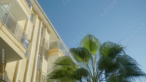 View of the hotel balcony in a tropical country. A palm tree grows nearby. High quality 4k footage photo