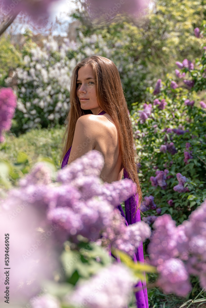 portrait of young woman with long hair outdoors in blooming lilac garden portrait of young woman with long hair outdoors in blooming lilac garden