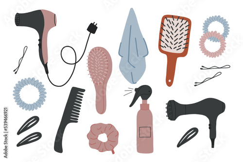 Set of accessories for hair drying.Hair brush,combs and clips.