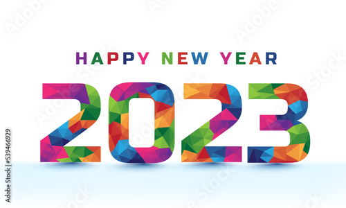 Happy new year 2023 low polygon colorful text design. Happy new year 2023 social media banner header text.