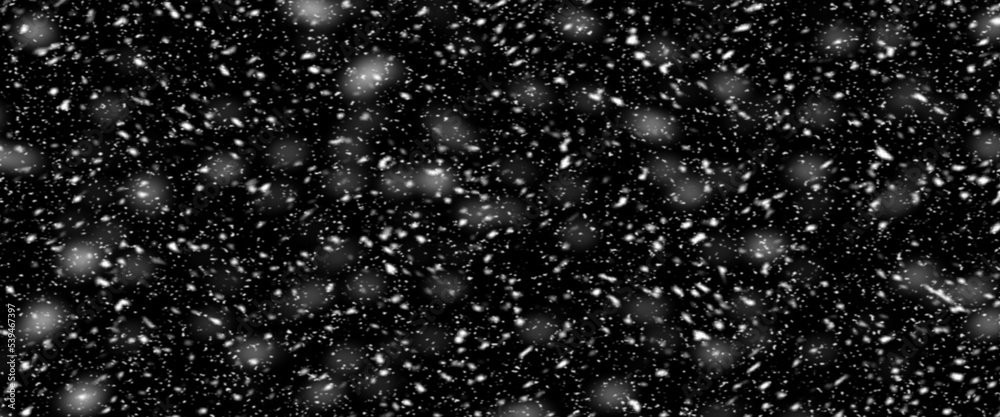 Falling snow isolated on black background. Falling snow at night. Bokeh lights on black background, flying snowflakes in the air. Winter weather. Overlay texture. Falling snow isolated on black background. Falling snow at night. Bokeh lights on black background, flying snowflakes in the air. Winter weather. Overlay texture.