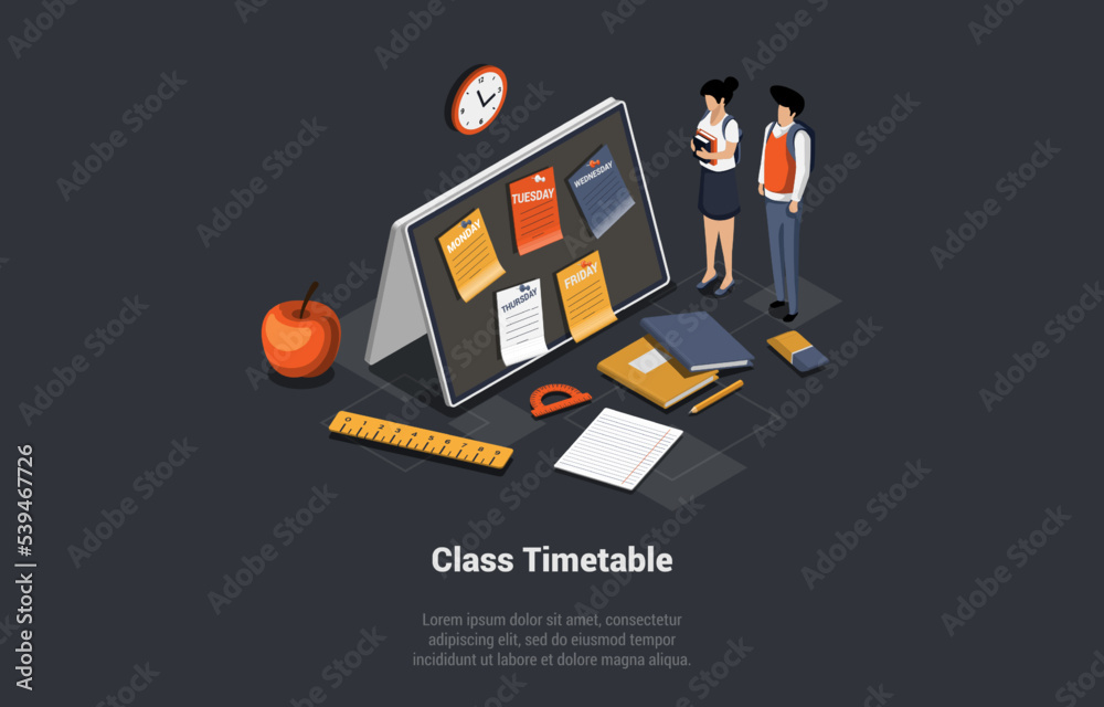 Concept Of Class Timetable. Education Digital Calendar, Online Learning. Male And Female Characters Near Huge Ruler, Sticker And Calendar With Timetable Of Studying. Isometric 3d Vector Illustration
