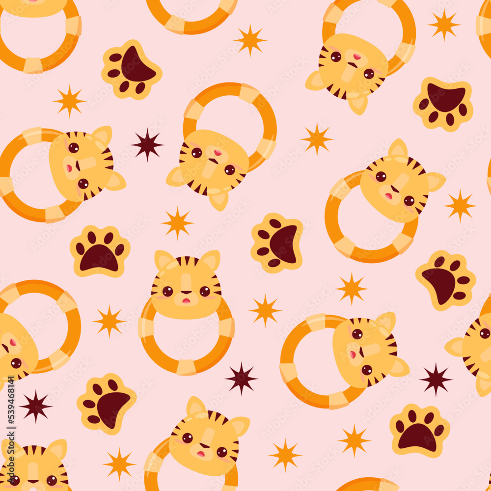Seamless pattern with animals on a pink background. A pattern with a baby rattle in the form of a tiger. Kawaii animals