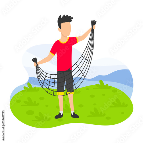 fisherman and equipment Concept, Fishing sport vector color icon design, Outdoor weekend Activity symbol, Tourist Holidays Scene Sign, Happy people at Vacation stock illustration