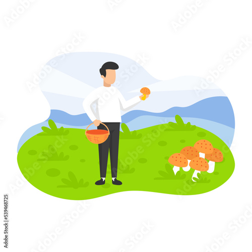 Tourist picking mushrooms from Garden Concept, Autumn Season picking chanterelles fungus vector icon design, Outdoor weekend Activity symbol, Tourist Holiday Scene Sign, Happy people at Vacation stock