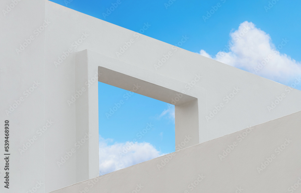 White Wall texture of concrete with open window against blue sky and clouds inSummer, Exterior Cement building with border frame with Spring sky,Ant view Modern architecture. Minimal design