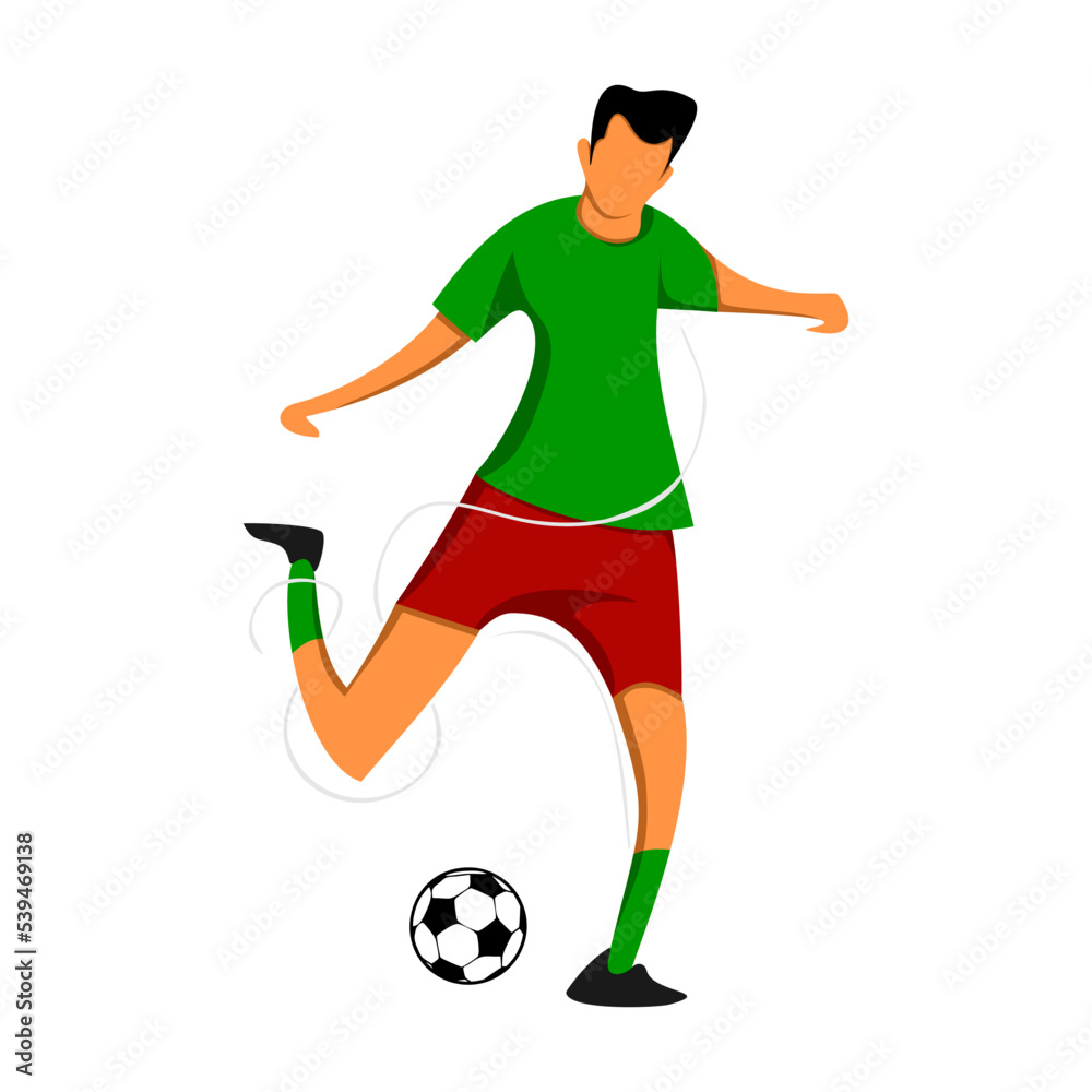 Cartoon male soccer player kicking a free ball. Vector illustration