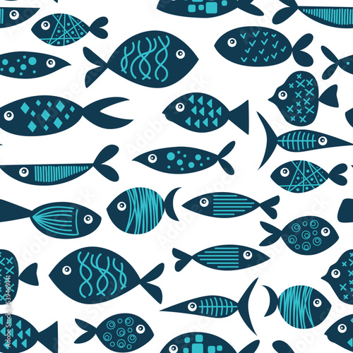 A set of different, unusual, bright fish. Pattern for textiles. Hand-drawn vector illustration. Underwater world. Cartoon contour style blue colors