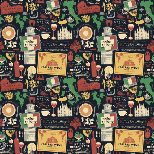 Retro style seamless pattern on the theme of Italy and Italian cuisine. Vector background with landmarks, wine labels, letterings, food and drink on a black. Wallpaper, wrapping paper or fabric design
