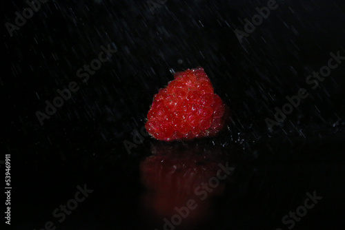raspberry in front of black background