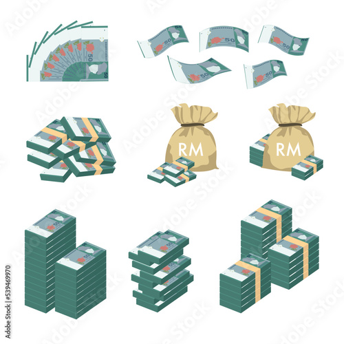Malaysian Ringgit Vector Illustration. Huge packs of Malaysia money set bundle banknotes. Bundle with cash bills. Deposit, wealth, accumulation and inheritance. Falling money 50 MYR photo