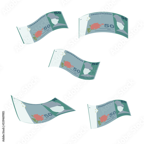 Malaysian Ringgit Vector Illustration. Malaysia money set bundle banknotes.  Falling, flying money 50 MYR. Flat style. Isolated on white background. Simple minimal design.